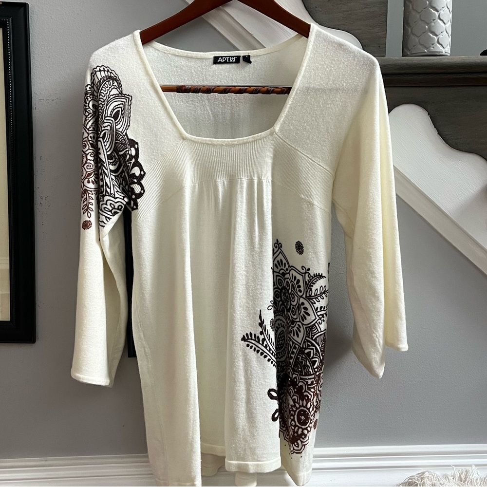Apt. 9 Cream Henna Print Embellished Tunic Sweater sz L